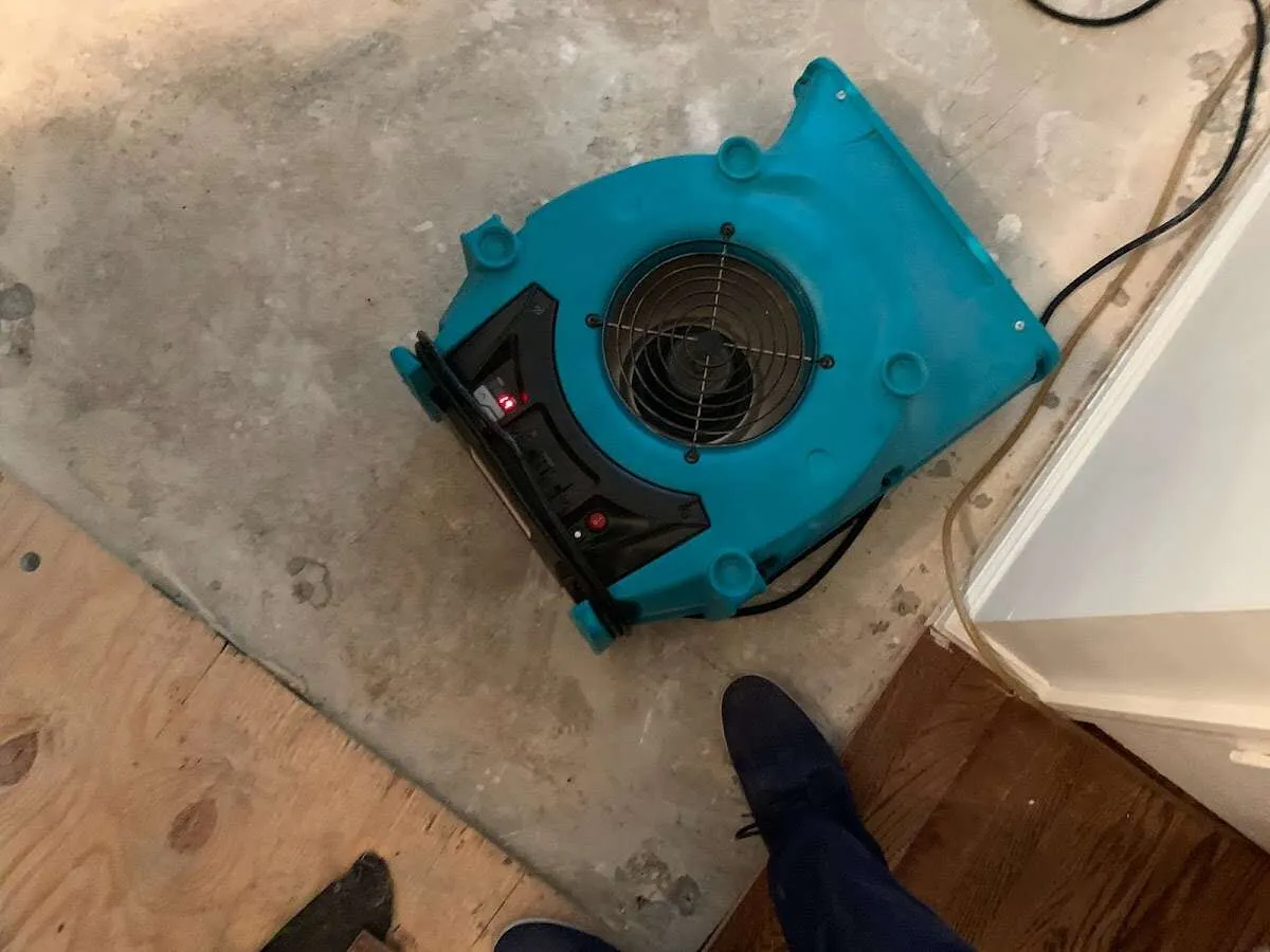 Air mover drying subfloor during Commercial Water Damage Restoration in Davenport